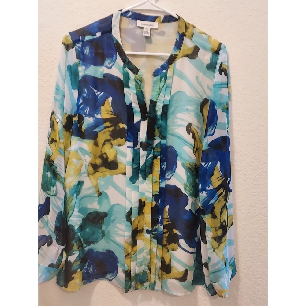 Calvin Klein Womens High-Low Tunic Blouse, Blue multi, X-Large Boho Festival
